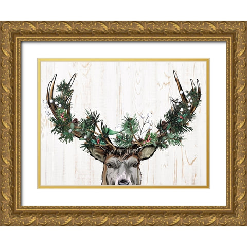 Christmas Deer Gold Ornate Wood Framed Art Print with Double Matting by Allen, Kimberly