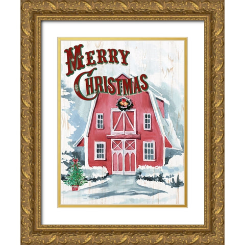 Merry Christmas Barn V2 Gold Ornate Wood Framed Art Print with Double Matting by Allen, Kimberly
