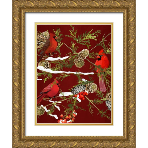 Cardinal Branches V2 Gold Ornate Wood Framed Art Print with Double Matting by Allen, Kimberly