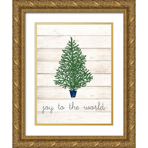 Joy To The World Christmas Tree Gold Ornate Wood Framed Art Print with Double Matting by Allen, Kimberly