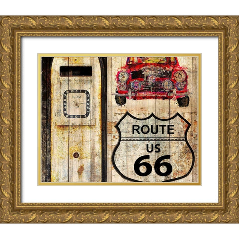 Classic Car Route 66 Gold Ornate Wood Framed Art Print with Double Matting by Allen, Kimberly