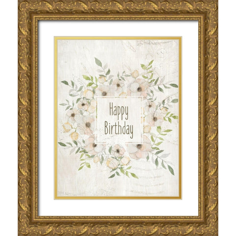 Happy Birthday Soft Gold Ornate Wood Framed Art Print with Double Matting by Kimberly, Allen