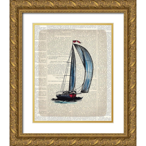 Newspaper Sailboat 1 Gold Ornate Wood Framed Art Print with Double Matting by Kimberly, Allen
