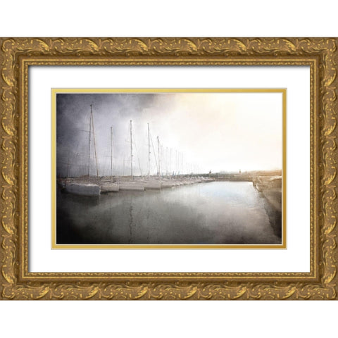 Sailboats in the Harbor Gold Ornate Wood Framed Art Print with Double Matting by Kimberly, Allen