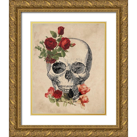Skull Roses Gold Ornate Wood Framed Art Print with Double Matting by Kimberly, Allen