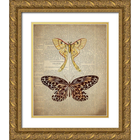 Newspaper Butterfly 1 Gold Ornate Wood Framed Art Print with Double Matting by Allen, Kimberly