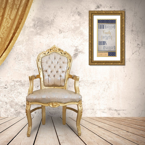Faith Family Friends Indigo Gold v1 Gold Ornate Wood Framed Art Print with Double Matting by Kimberly, Allen