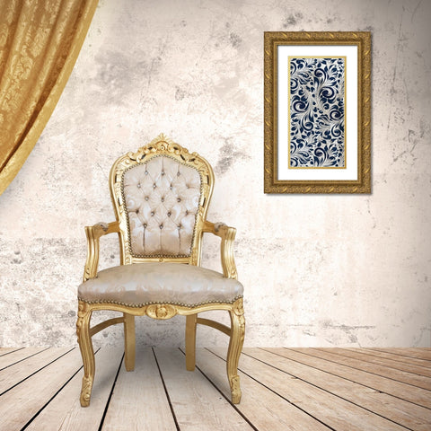 Indigo Damask Panel 1 Gold Ornate Wood Framed Art Print with Double Matting by Allen, Kimberly