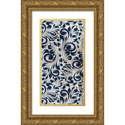 Indigo Damask Panel 1 Gold Ornate Wood Framed Art Print with Double Matting by Allen, Kimberly