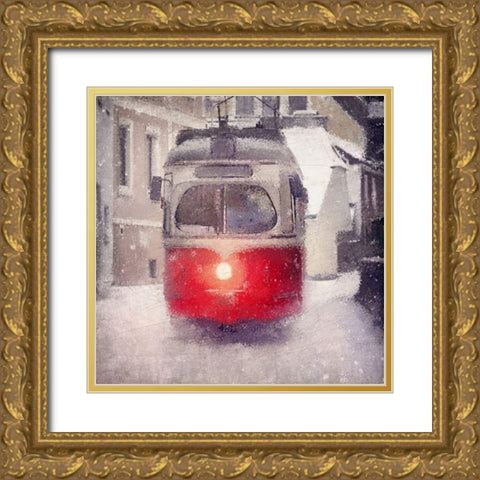 Winter Trolley Gold Ornate Wood Framed Art Print with Double Matting by Kimberly, Allen
