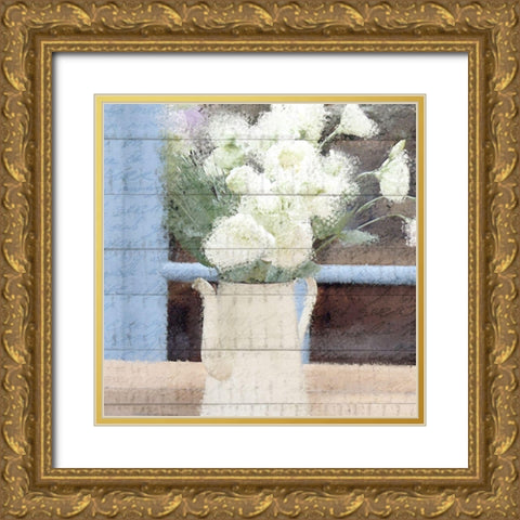 Watering Can Flowers Gold Ornate Wood Framed Art Print with Double Matting by Allen, Kimberly