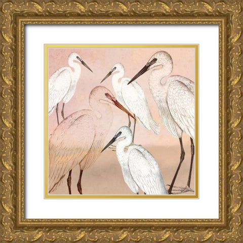 Cranes in Pink Gold Ornate Wood Framed Art Print with Double Matting by Kimberly, Allen