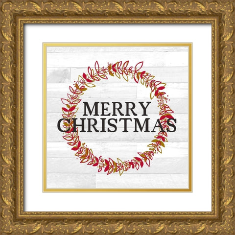 Merry Christmas Wreath Gold Ornate Wood Framed Art Print with Double Matting by Kimberly, Allen