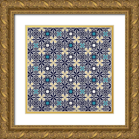 Blue Tiled 1 Gold Ornate Wood Framed Art Print with Double Matting by Kimberly, Allen