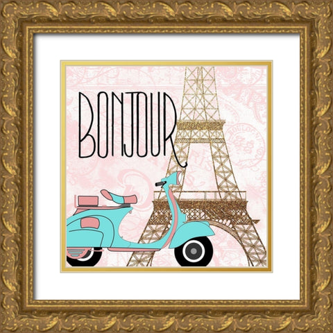 Paris Bonjour 2 Gold Ornate Wood Framed Art Print with Double Matting by Kimberly, Allen