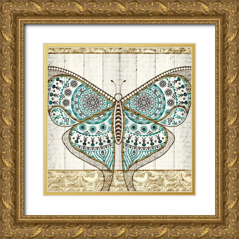 Damask Butterfly Teal 1 Gold Ornate Wood Framed Art Print with Double Matting by Allen, Kimberly