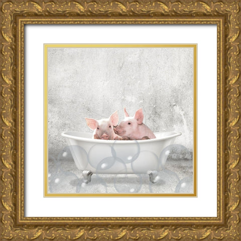 Baby Piglets Bath Gold Ornate Wood Framed Art Print with Double Matting by Kimberly, Allen