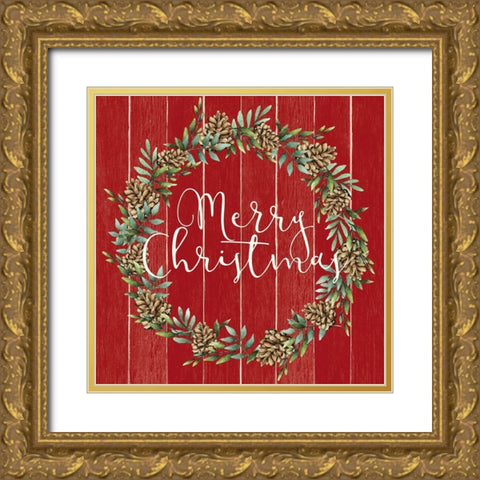 Merry Christmas Wreath V2 Gold Ornate Wood Framed Art Print with Double Matting by Allen, Kimberly
