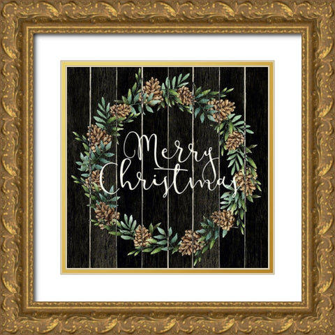 Merry Christmas Wreath Gold Ornate Wood Framed Art Print with Double Matting by Allen, Kimberly