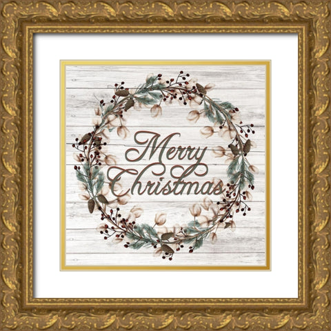 Merry Christmas Wreath Gold Ornate Wood Framed Art Print with Double Matting by Allen, Kimberly