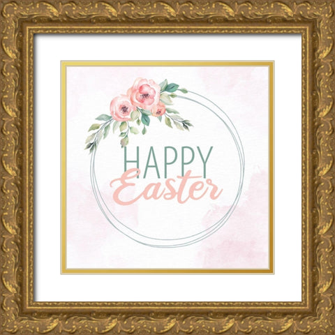 Happy Easter Wreath Gold Ornate Wood Framed Art Print with Double Matting by Allen, Kimberly