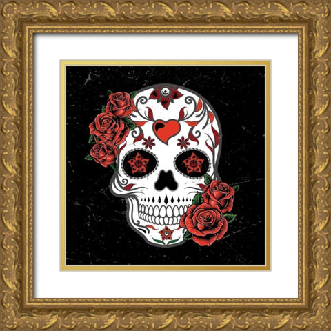 Vintage Rose Skull Gold Ornate Wood Framed Art Print with Double Matting by Allen, Kimberly