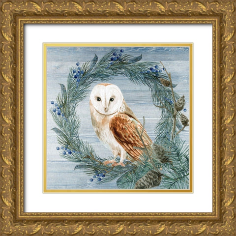 Winter Owl Blues 1 Gold Ornate Wood Framed Art Print with Double Matting by Allen, Kimberly