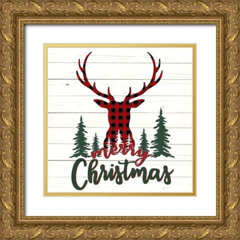 Merry Christmas Deer Forest Gold Ornate Wood Framed Art Print with Double Matting by Allen, Kimberly