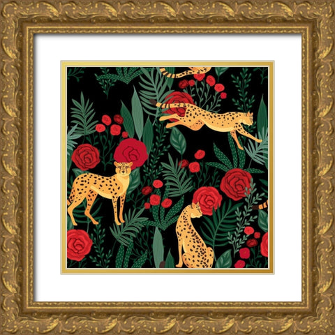 Leopard and Roses Pattern Gold Ornate Wood Framed Art Print with Double Matting by Allen, Kimberly