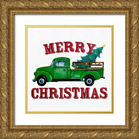 Merry Christmas Truck Gold Ornate Wood Framed Art Print with Double Matting by Allen, Kimberly