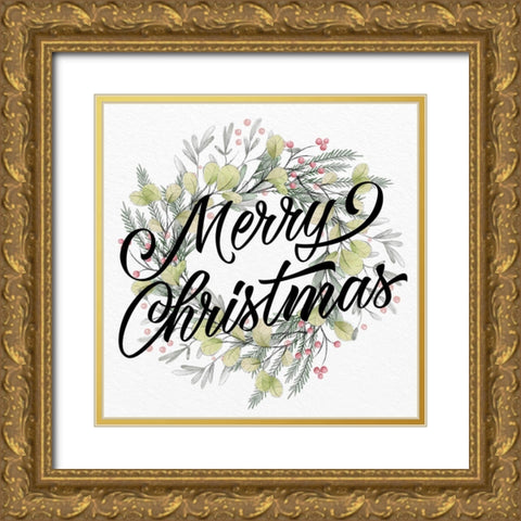 Merry Christmas Wreath Greens Gold Ornate Wood Framed Art Print with Double Matting by Allen, Kimberly