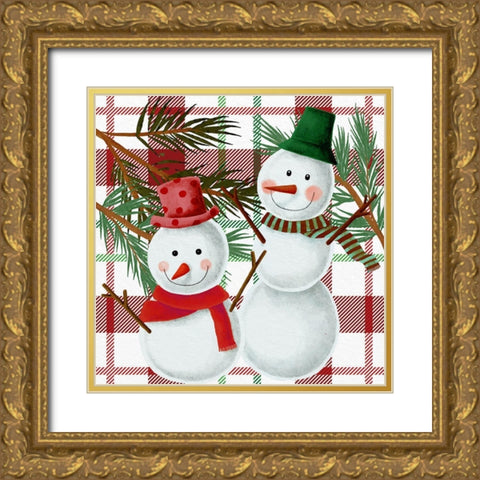 Snowman Plaid Gold Ornate Wood Framed Art Print with Double Matting by Allen, Kimberly