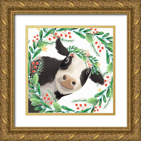 Christmas Cow Gold Ornate Wood Framed Art Print with Double Matting by Allen, Kimberly