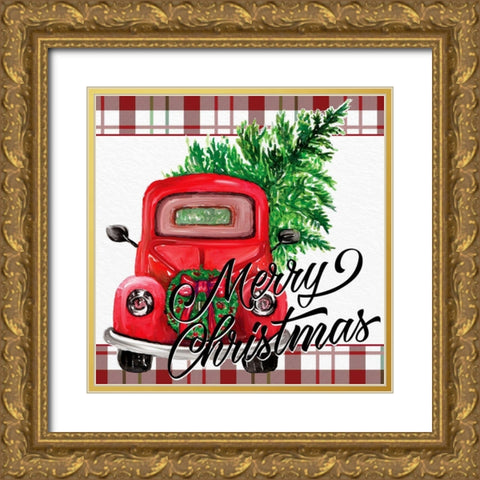 Merry Christmas Red Truck Gold Ornate Wood Framed Art Print with Double Matting by Allen, Kimberly