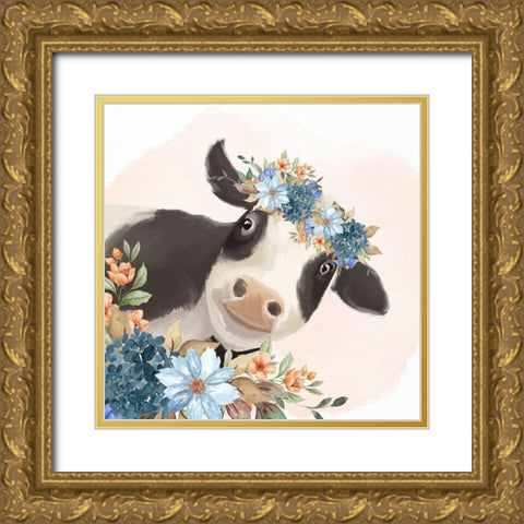 Floral Cow Gold Ornate Wood Framed Art Print with Double Matting by Allen, Kimberly