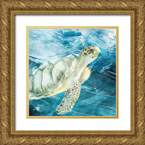 Sea Turtle Blues Gold Ornate Wood Framed Art Print with Double Matting by Allen, Kimberly