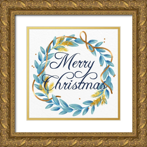 Merry Christmas Wreath Blues Gold Ornate Wood Framed Art Print with Double Matting by Allen, Kimberly