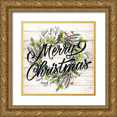 Merry Christmas Wreath Gold Ornate Wood Framed Art Print with Double Matting by Allen, Kimberly