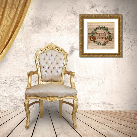 Merry Christmas Wreath Gold Ornate Wood Framed Art Print with Double Matting by Allen, Kimberly