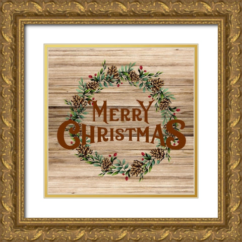 Merry Christmas Wreath Gold Ornate Wood Framed Art Print with Double Matting by Allen, Kimberly