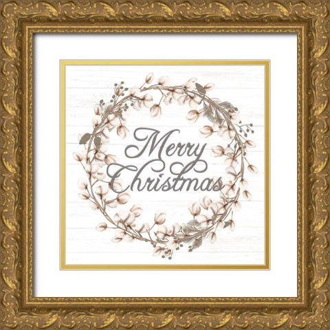 Merry Christmas Cotton Wreath Gold Ornate Wood Framed Art Print with Double Matting by Allen, Kimberly