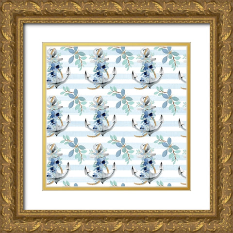 Floral Anchor Pattern Gold Ornate Wood Framed Art Print with Double Matting by Allen, Kimberly