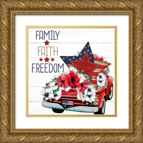 Family Faith Freedom Gold Ornate Wood Framed Art Print with Double Matting by Allen, Kimberly