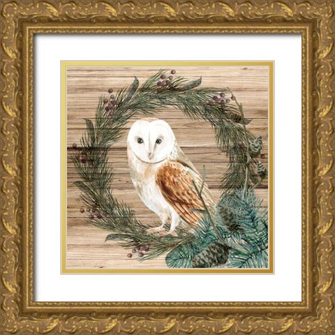 Owl Wreath Gold Ornate Wood Framed Art Print with Double Matting by Allen, Kimberly