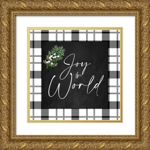 Joy To The World Plaid Gold Ornate Wood Framed Art Print with Double Matting by Allen, Kimberly