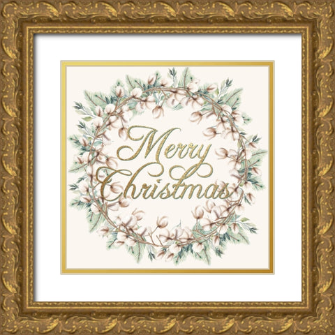 Cotton And Greens Wreath Gold Ornate Wood Framed Art Print with Double Matting by Allen, Kimberly