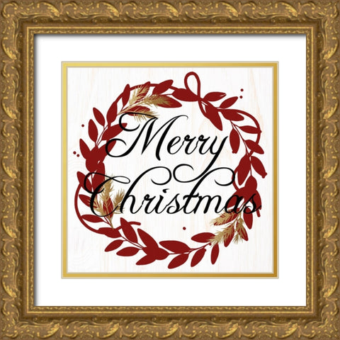 Merry Christmas Wreath Reds Gold Ornate Wood Framed Art Print with Double Matting by Allen, Kimberly