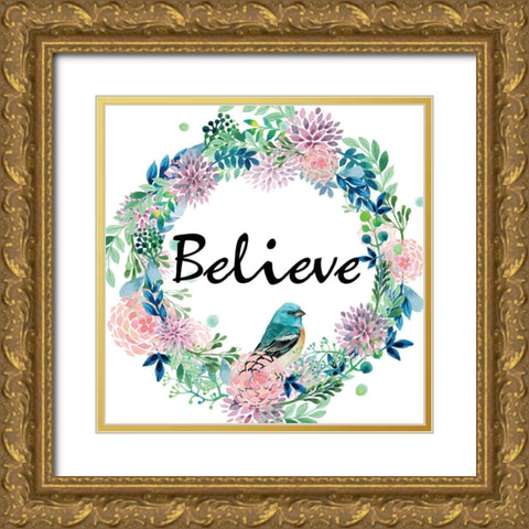 Believe Bird Gold Ornate Wood Framed Art Print with Double Matting by Kimberly, Allen