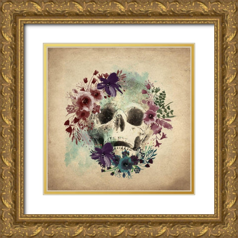 Floral Skull 1 v2 Gold Ornate Wood Framed Art Print with Double Matting by Kimberly, Allen