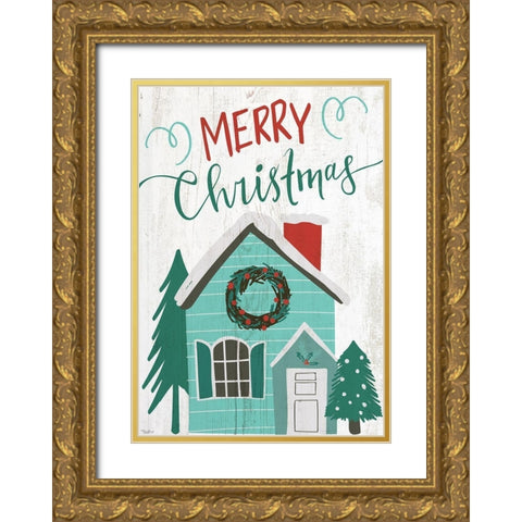 Christmas House Flag Gold Ornate Wood Framed Art Print with Double Matting by Louise, Gigi